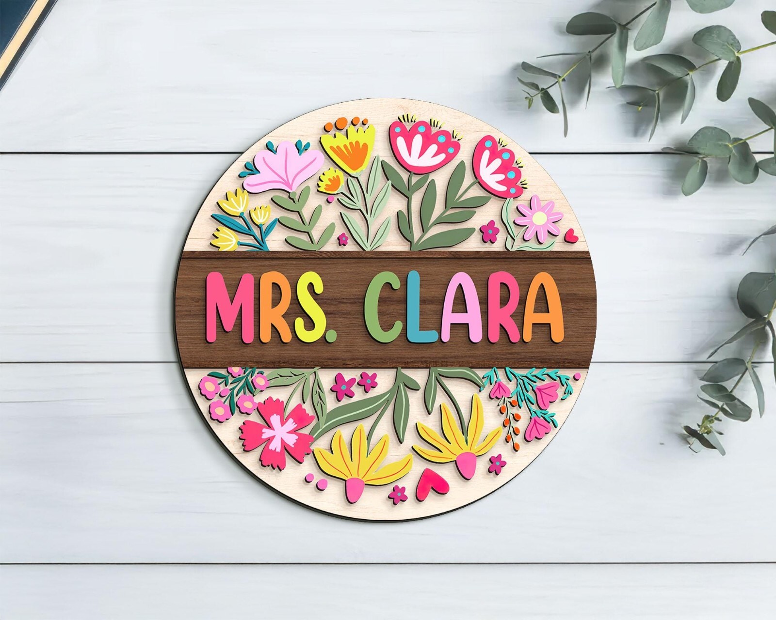 Custom 3D Teacher Door Hanger, Floral Name Sign, Back to School Gift