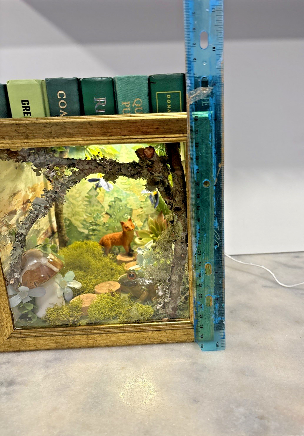 7 GREEN DECORATIVE BOOKS & A FOREST SCENE IN HANDMADE BOOK NOOK DEER FROG MOSS