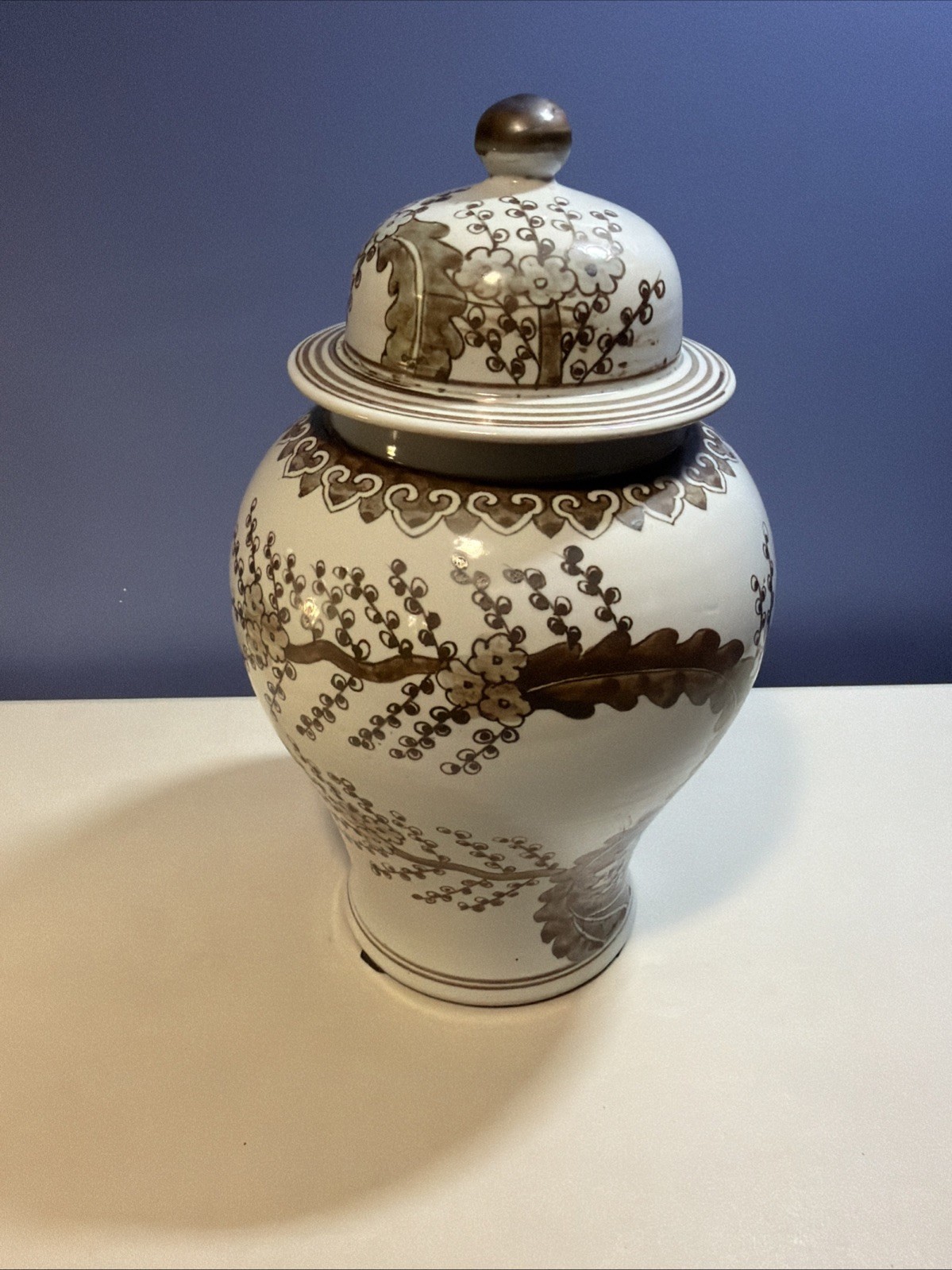 Hong Wu Porcelain Plum Blossom Motif Temple Jar – est 18″ tall – VGC – HANDMADE