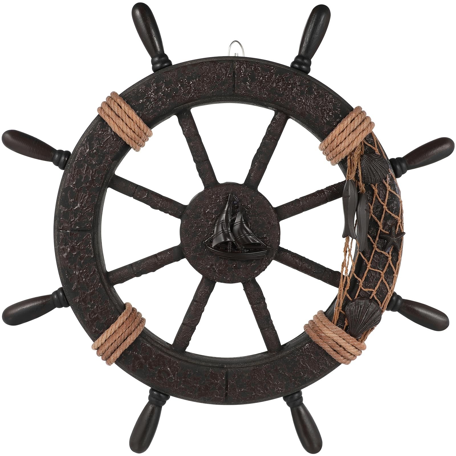 17.68 Inch Ship Wheel Wall Decor, Nautical Wall Decor for Home, Wooden Pirate…