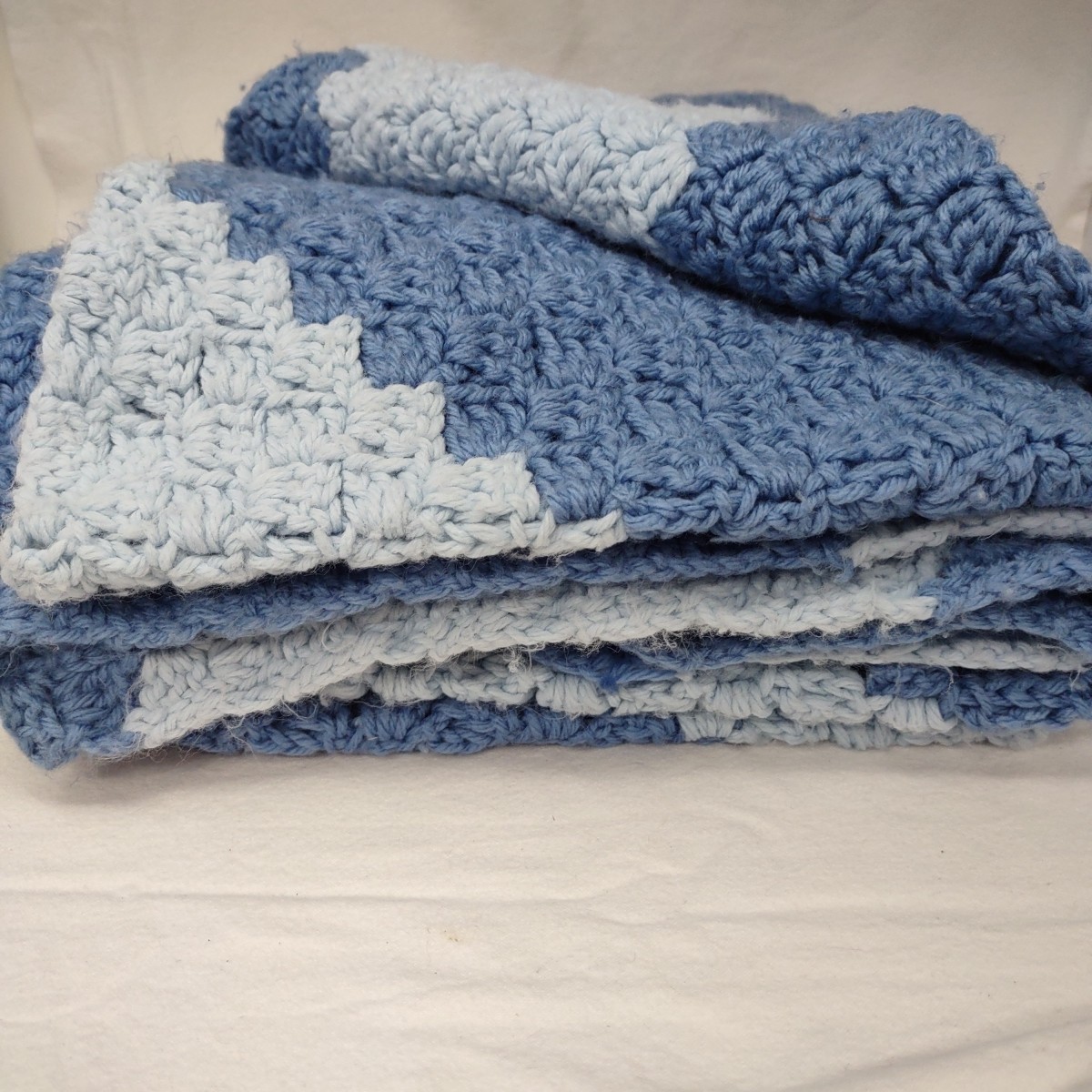 Vintage Crochet Afghan Blanket Throw Diagonal Stripe Light & Dusky Blue 60×70 in