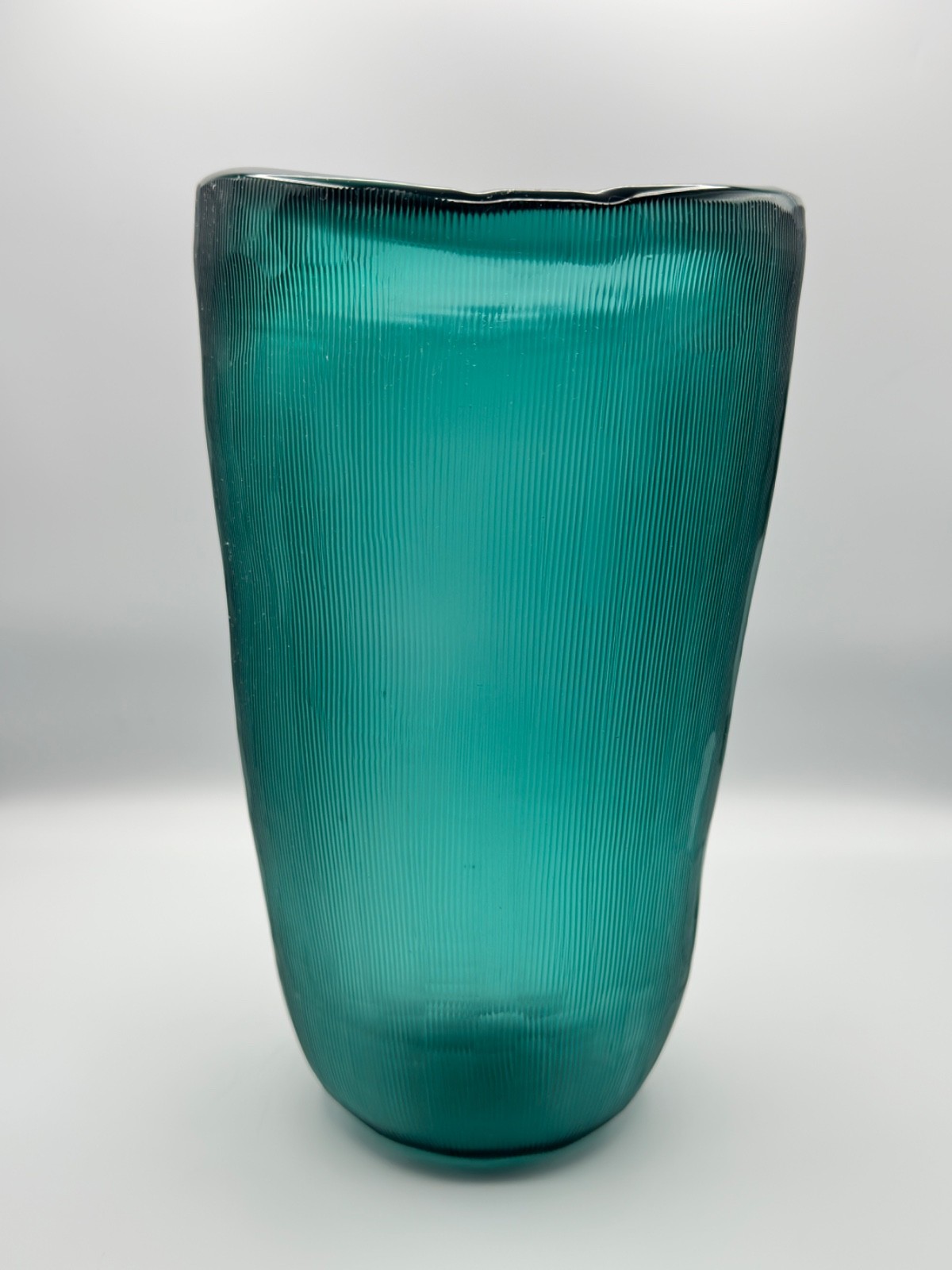 Jamie Slump Large Aqua Art Glass Vase Etched Ribbed Handcrafted Modern Decor
