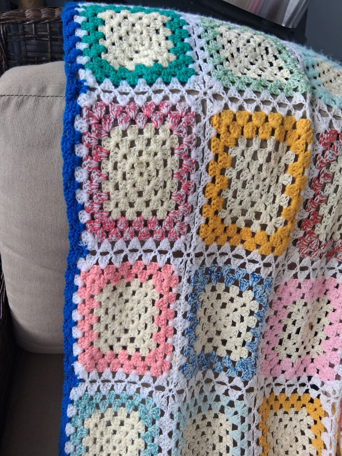 Vintage Granny Square Crochet Afghan;Large 74×90 Light-Medium weight Cottagecore