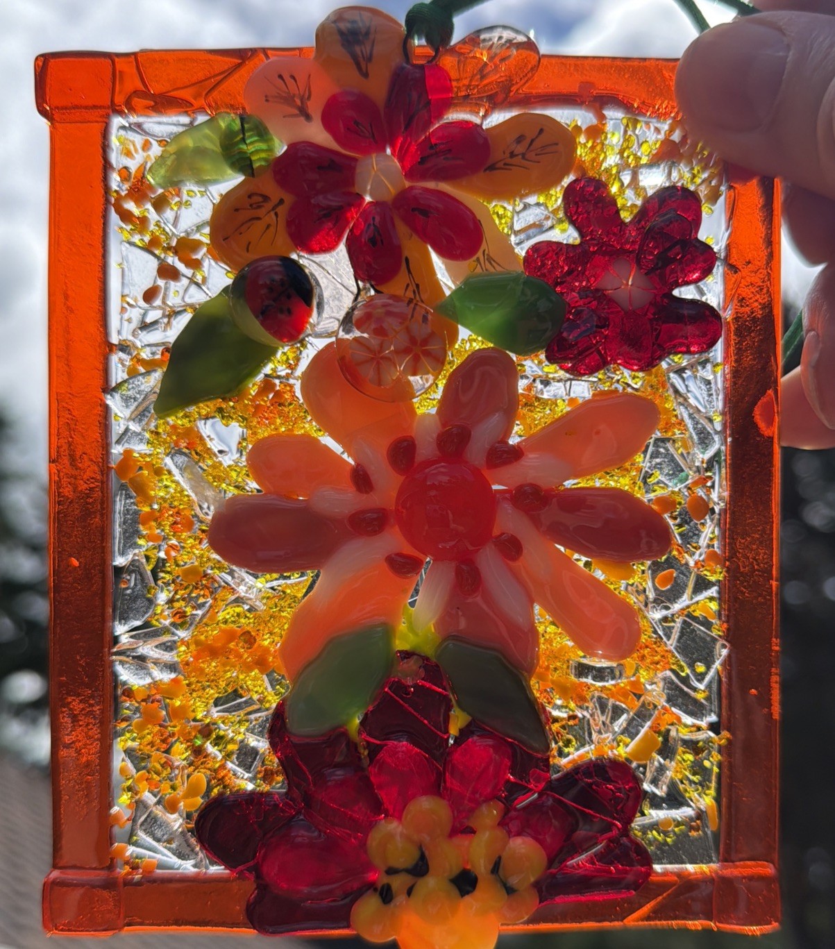 Fused Glass Handmade Flowered Rectangular Multicolor Sun Catcher Signed