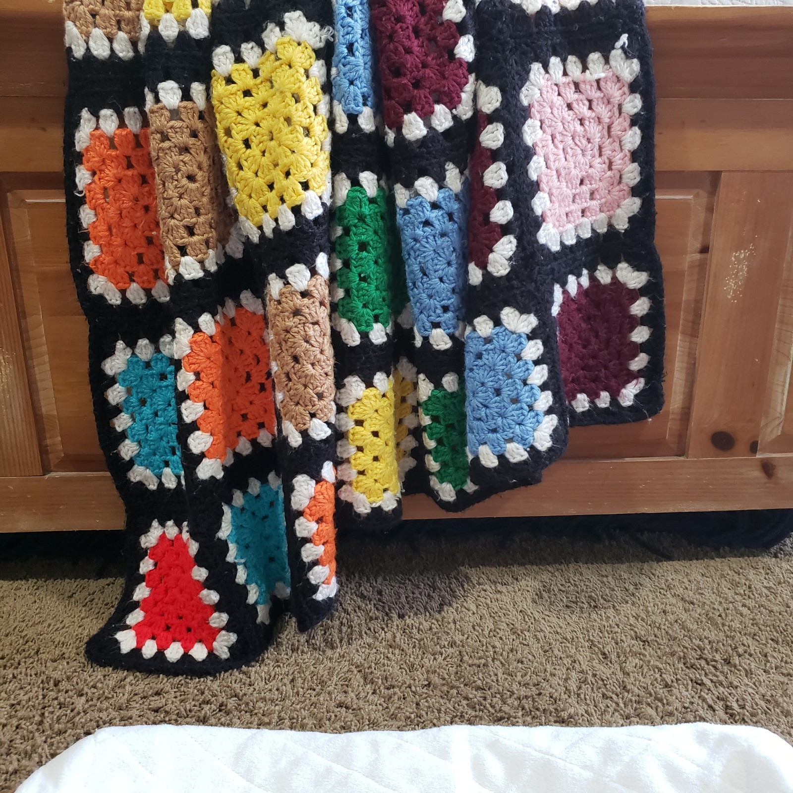 Throw Blanket Crochet Multicolor Granny Square Black Border Handmade Afghan Boho