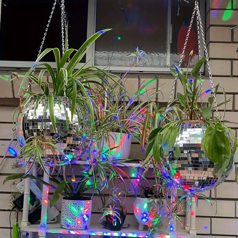 Handcrafted Bohemian Hanging Disco Mirror Ball Planter – Stylish & Self-Watering
