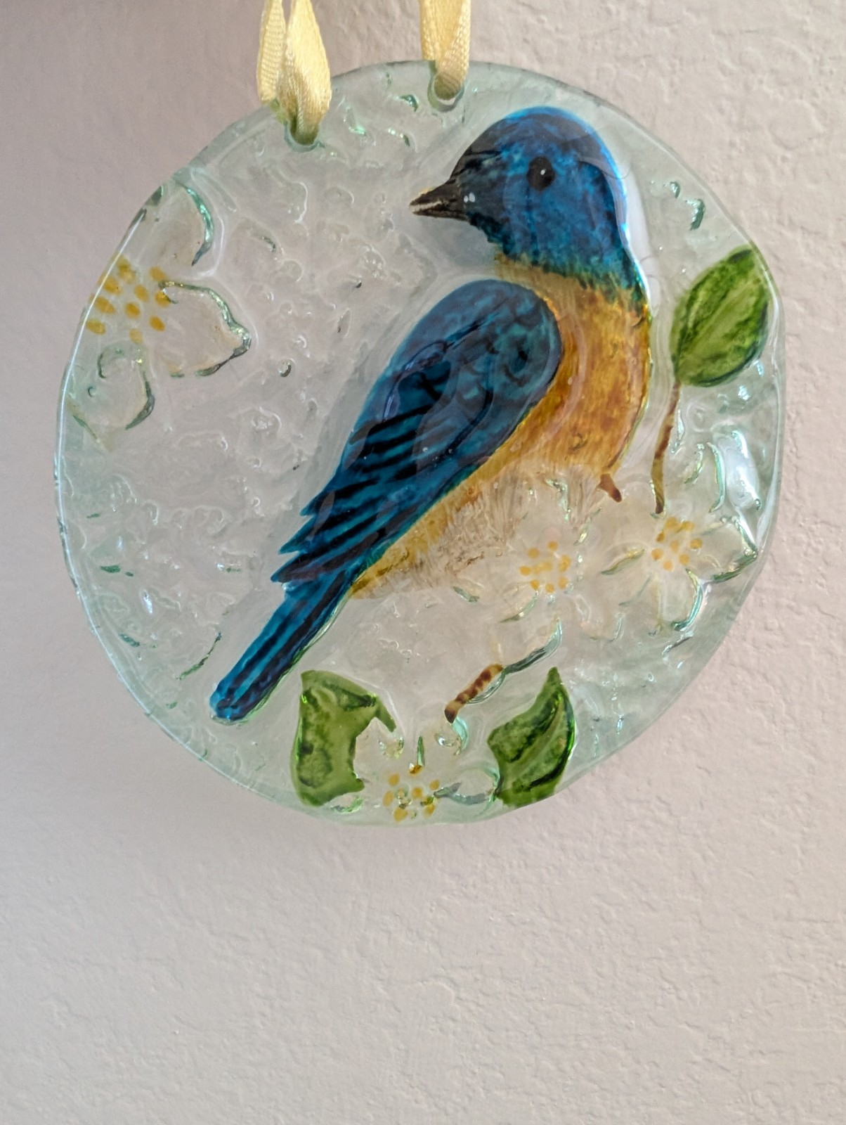 Fused glass ornament blue bird suncatcher round flowers floral bluebird yellow