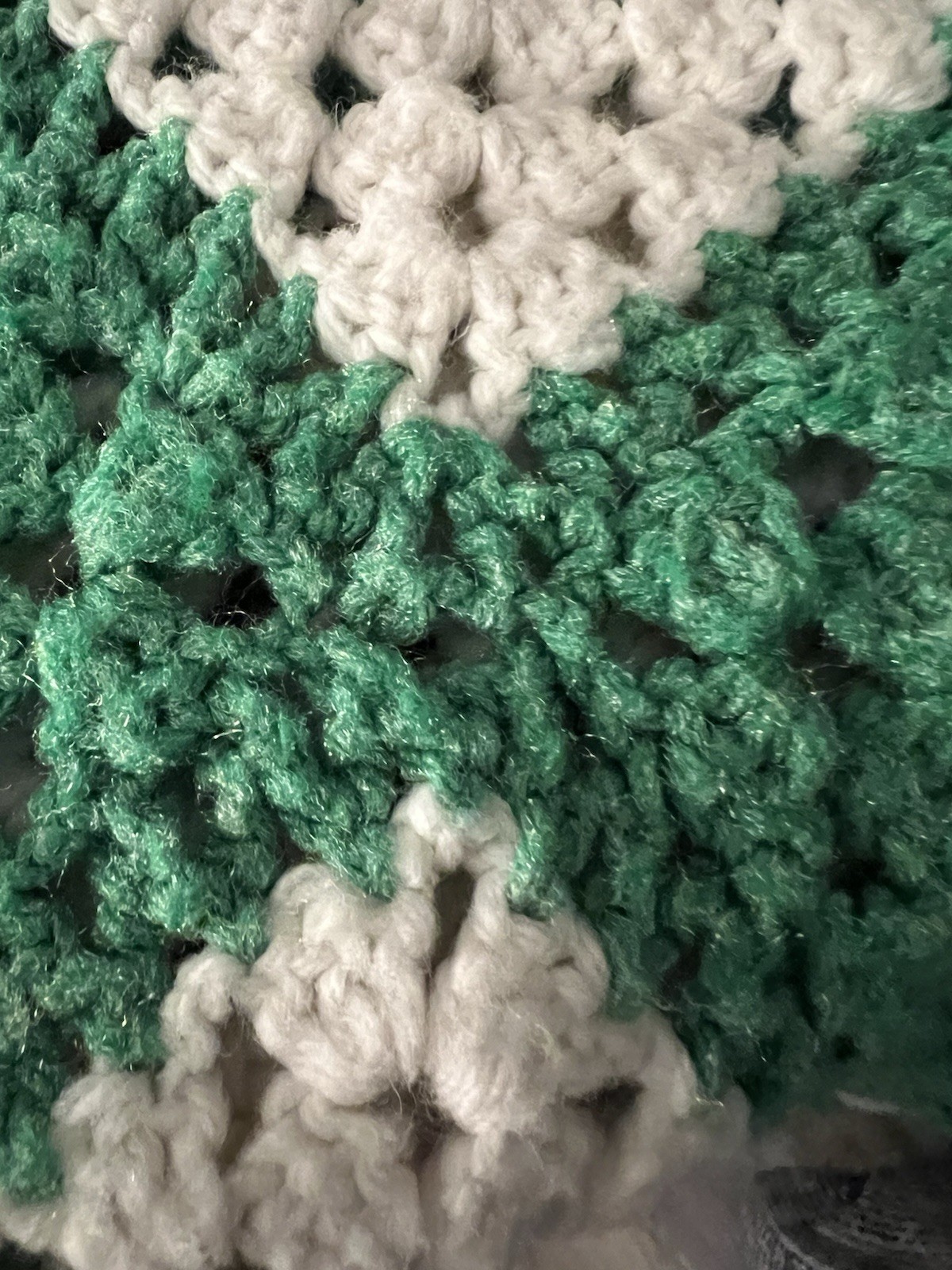 crochet granny square afghan blanket vintage 60 inch By 36 inch Green White