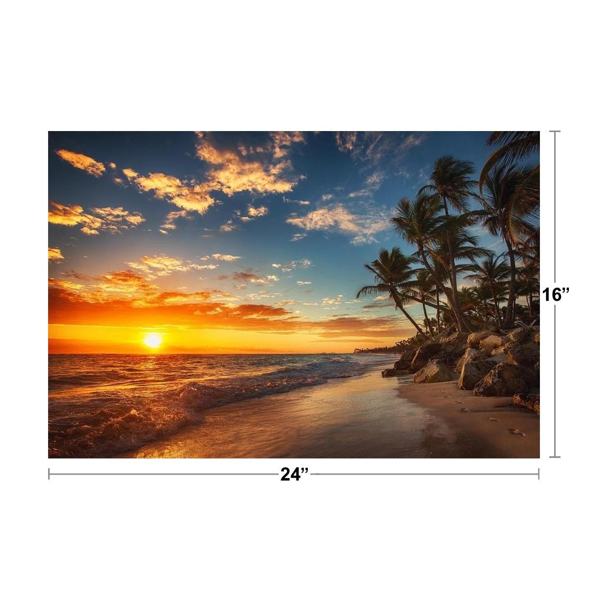 Sunset Over Tropical Beach Palm Tree Ocean Photo Poster Island Nature 24×16