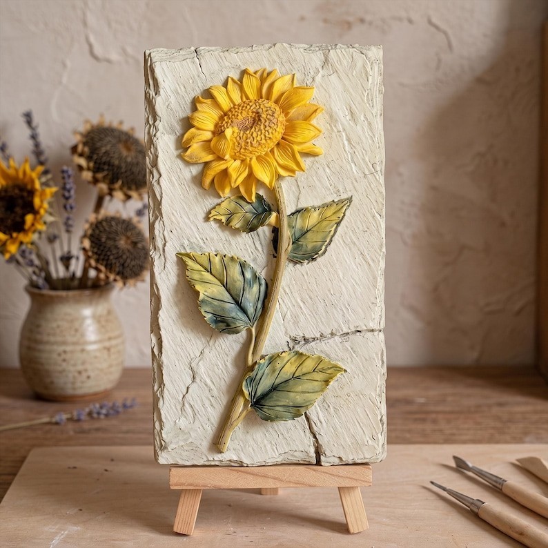 3D Floral Relief Resin Plaque Wall Decor, Painted Multicolor Rectangle Panel