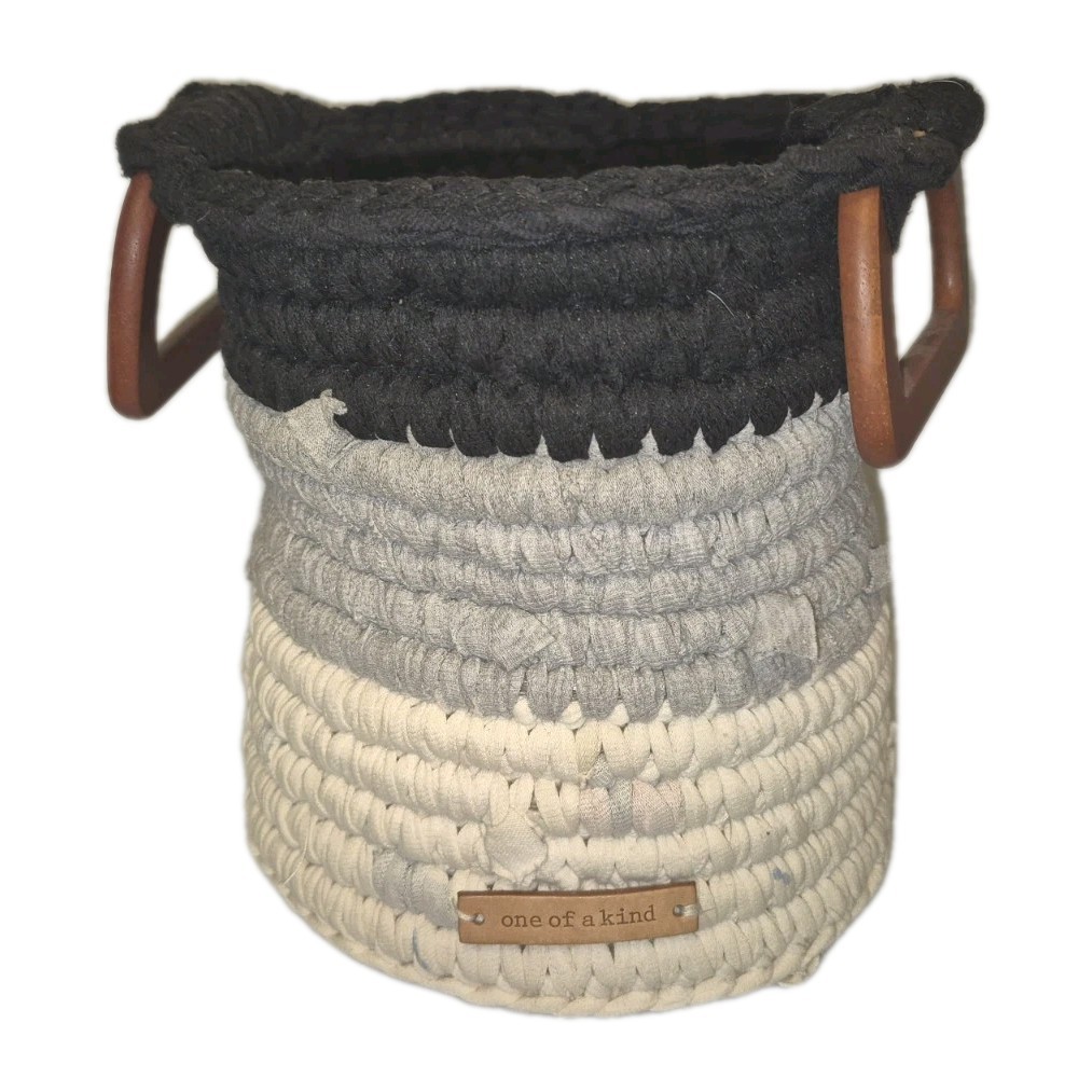 ONE OF A KIND Cloth Woven Basket Blue Gray Cream 9in H 8in Diameter Decor