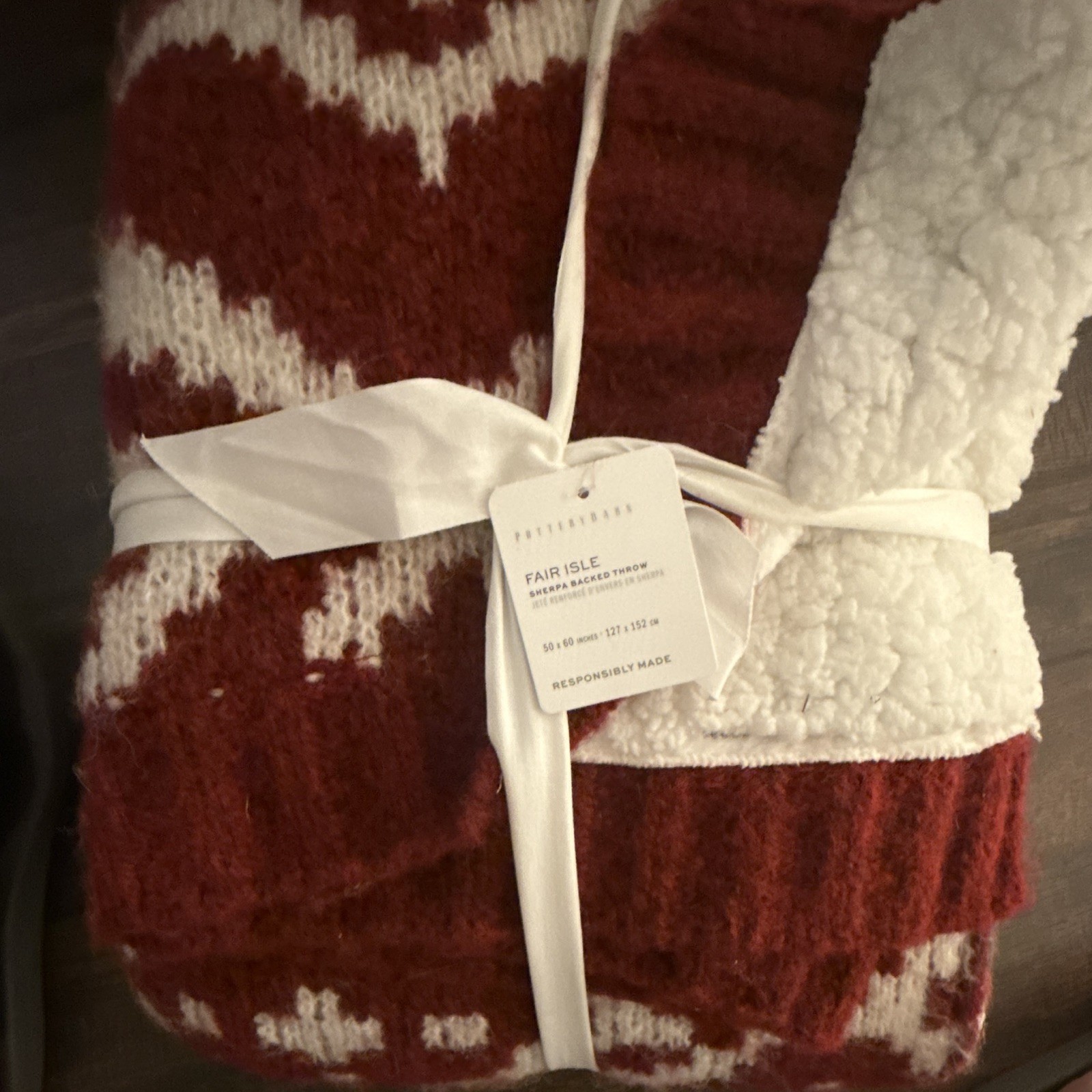 Pottery Barn Fair Isle Sherpa Backed Sofa Throw Blanket Red/White 50×60