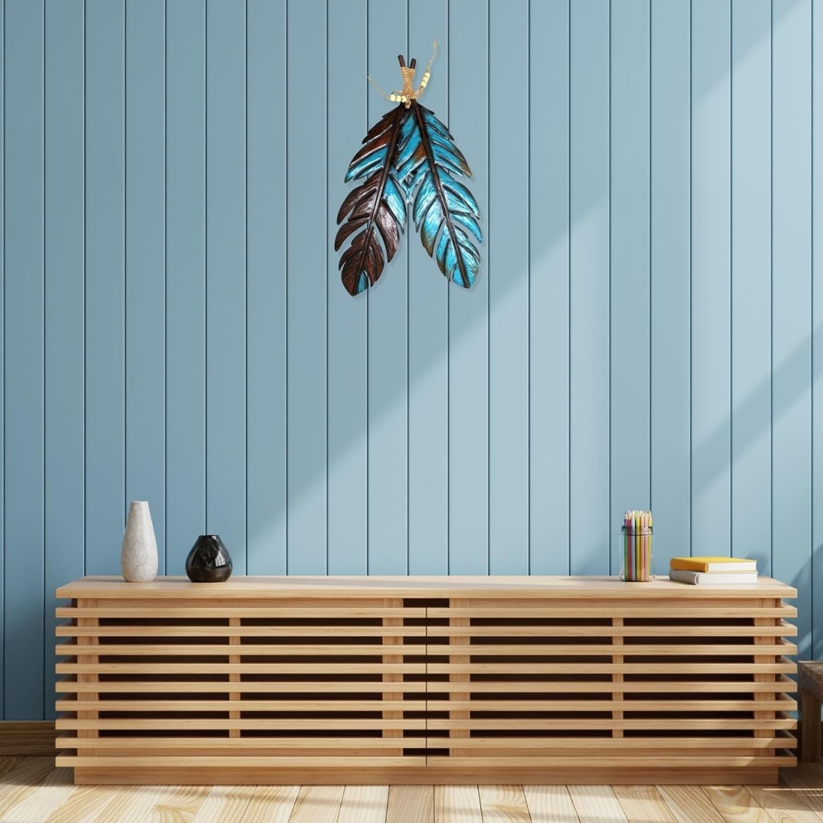 Rustic Metal Feathers Wall Hanging – Southwest Boho Chic Décor 12×20