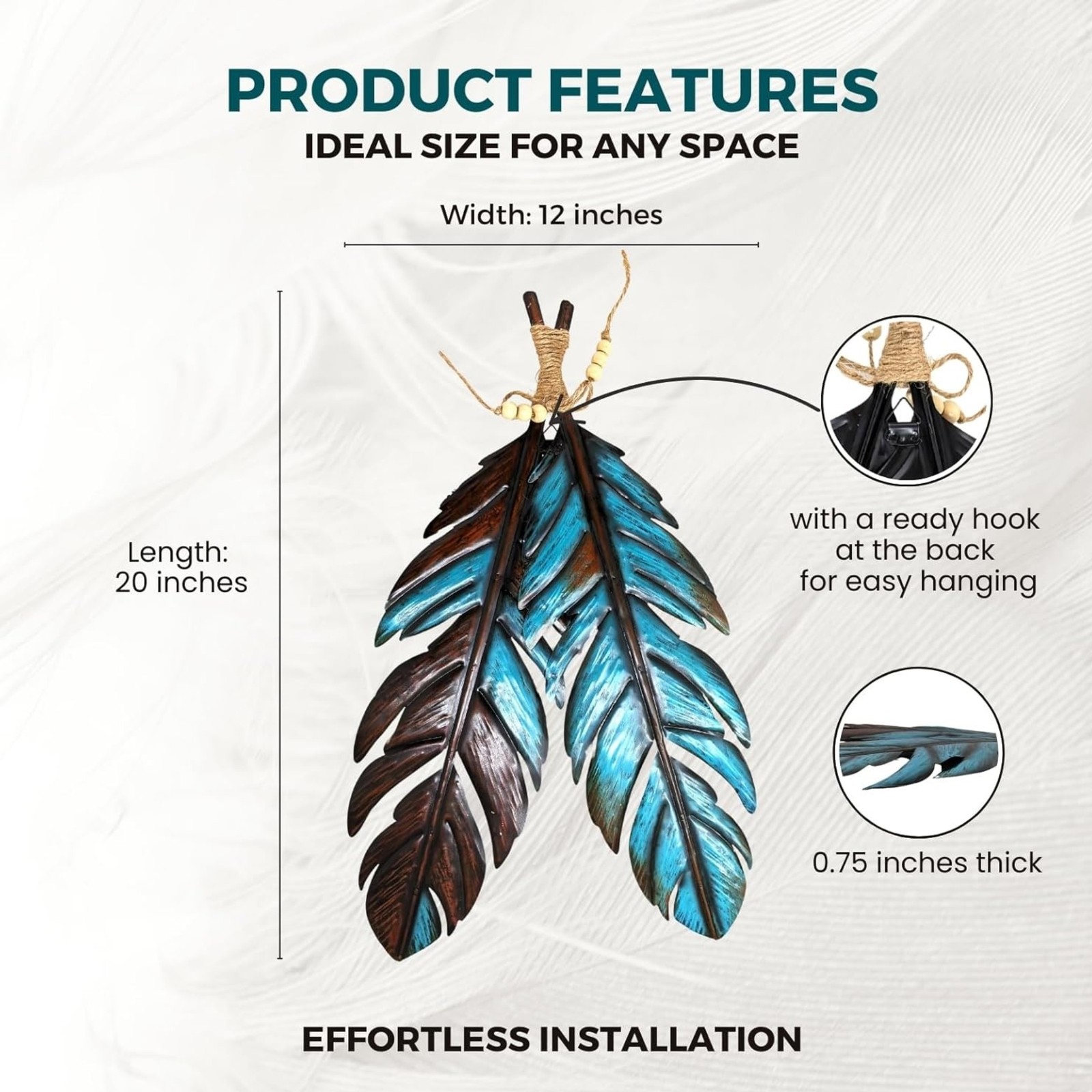 Rustic Metal Feathers Wall Hanging – Southwest Boho Chic Décor 12×20