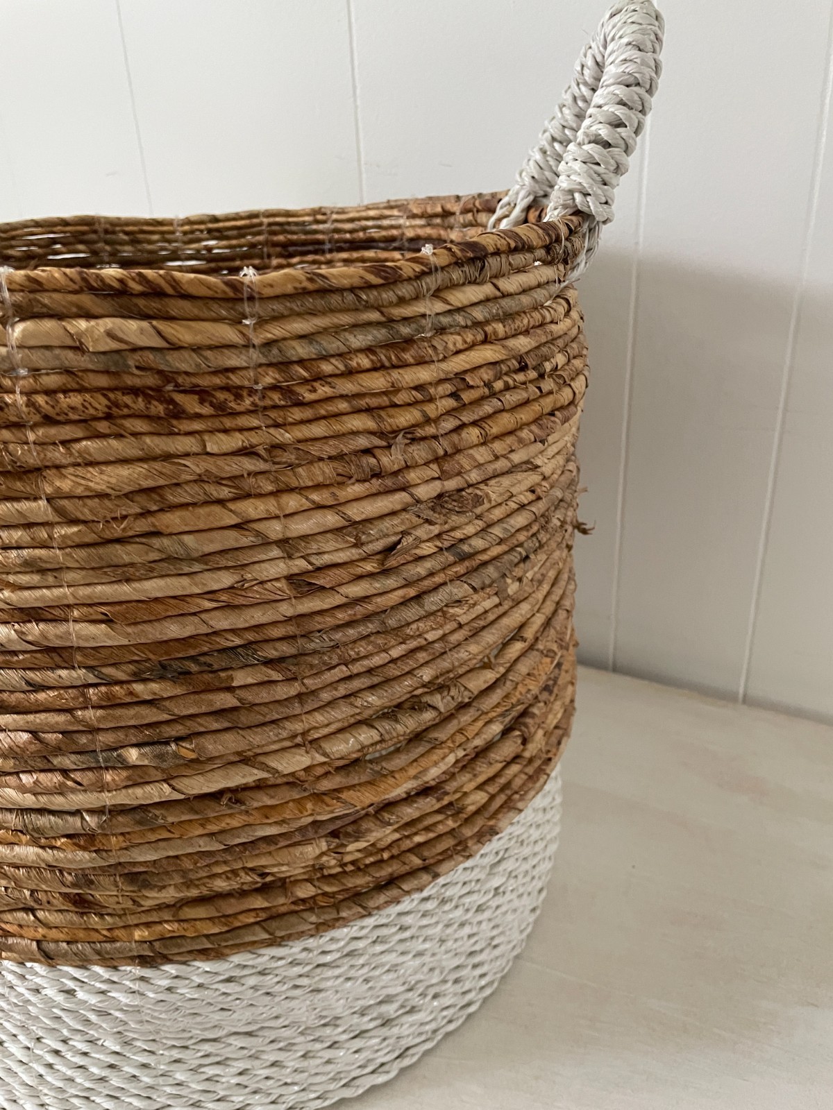 Large Natural & White Colorblock Handled Basket 16inch Storage Decor Laundry