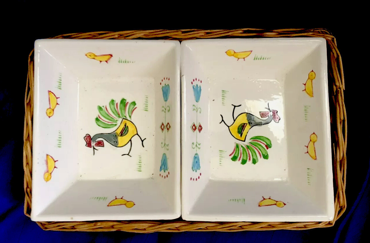 Set Of 2 SNACK BOWLS in a BASKET Rooster Design Japan Vintage ( 3 Piece Set)