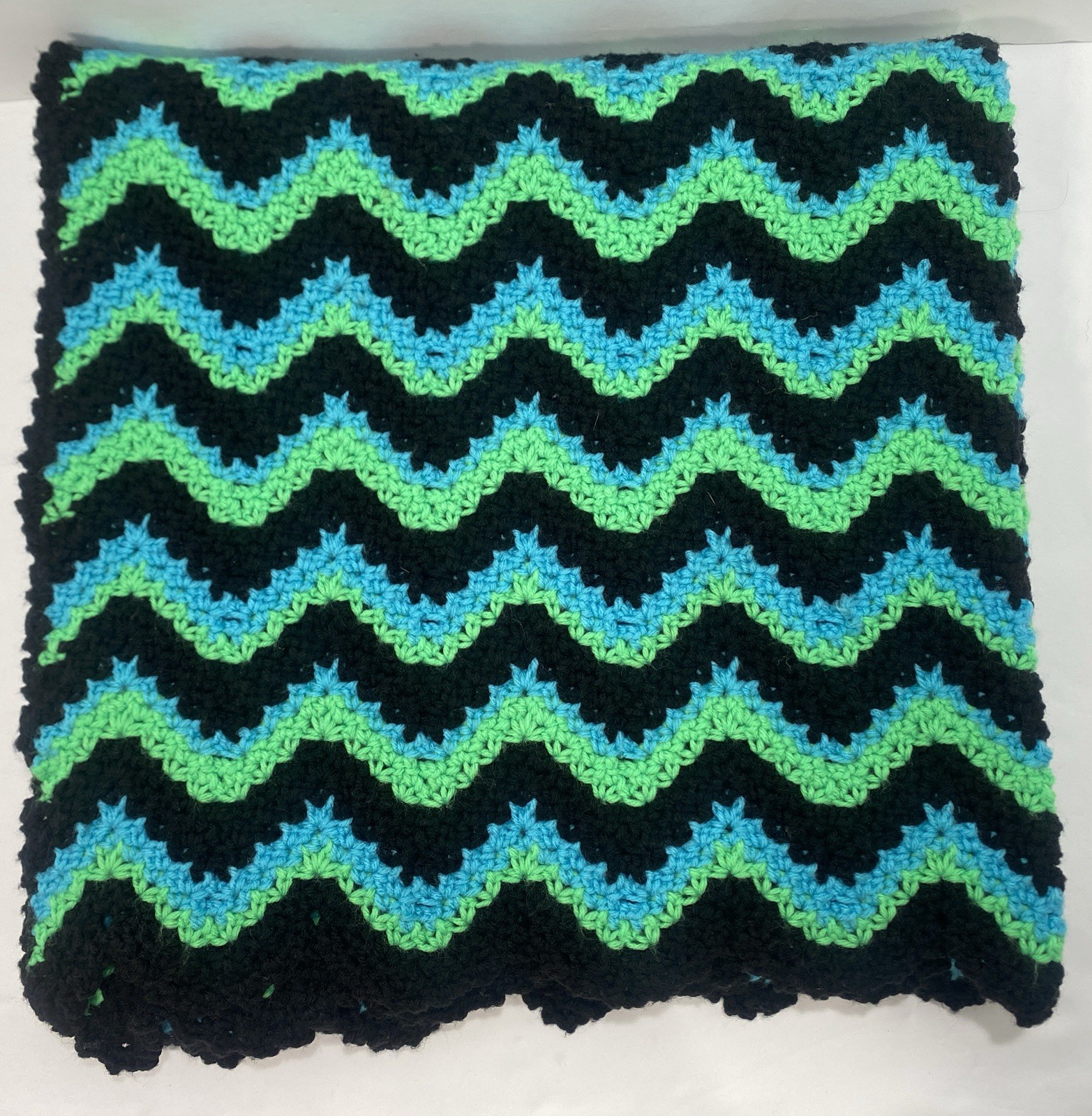Crochet Herringbone Zig Zag Black Green Afghan Blanket 34×72” 943