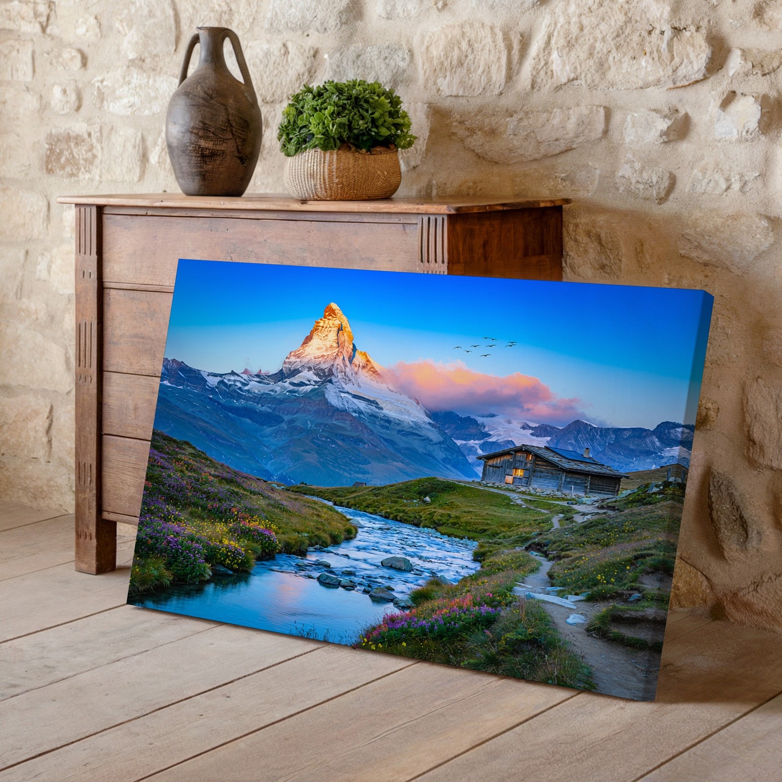 Mountain landscape canvas wall art with river stream and cabin nature print