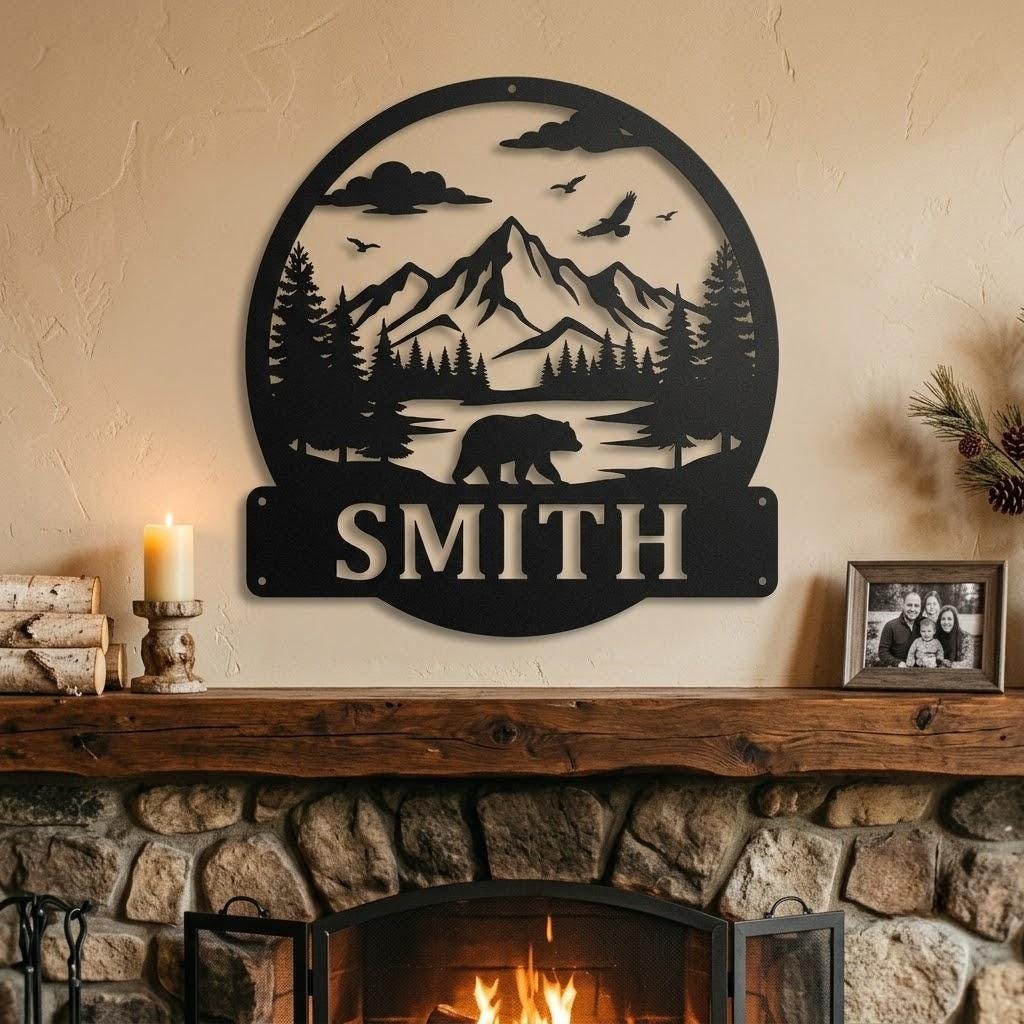 Personalized Bear Mountain Metal Sign, Custom Family Name Cabin Wall Decor