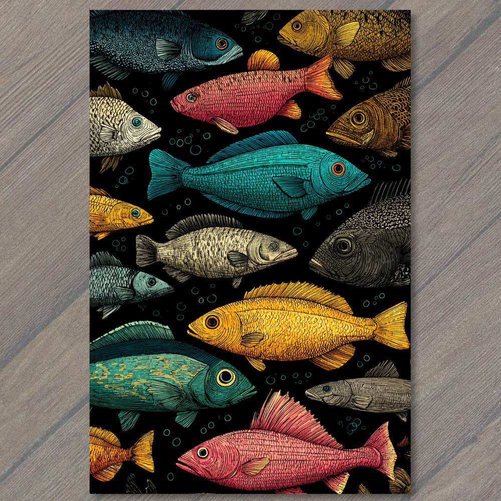 Art Print Colorful Fish Pattern Ocean Sea Life Mosaic Retro Coastal Wall