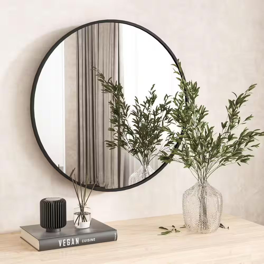 30 In. W X 30 In. H round Aluminum Alloy Framed Black Wall Mirror