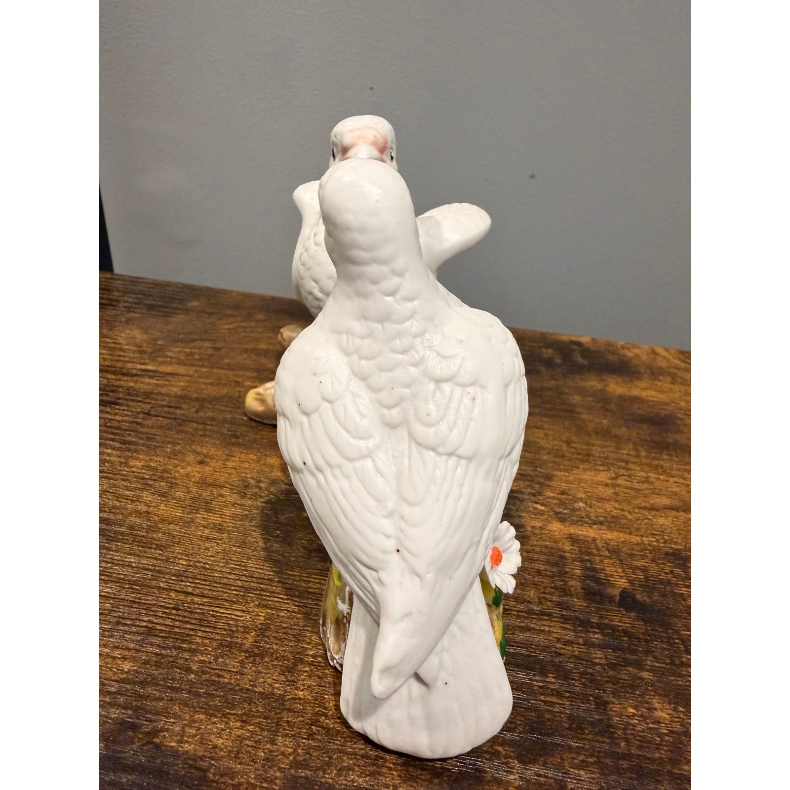 Vintage Ceramic White Doves Figurine Two Birds on Branch with Flowers Decor