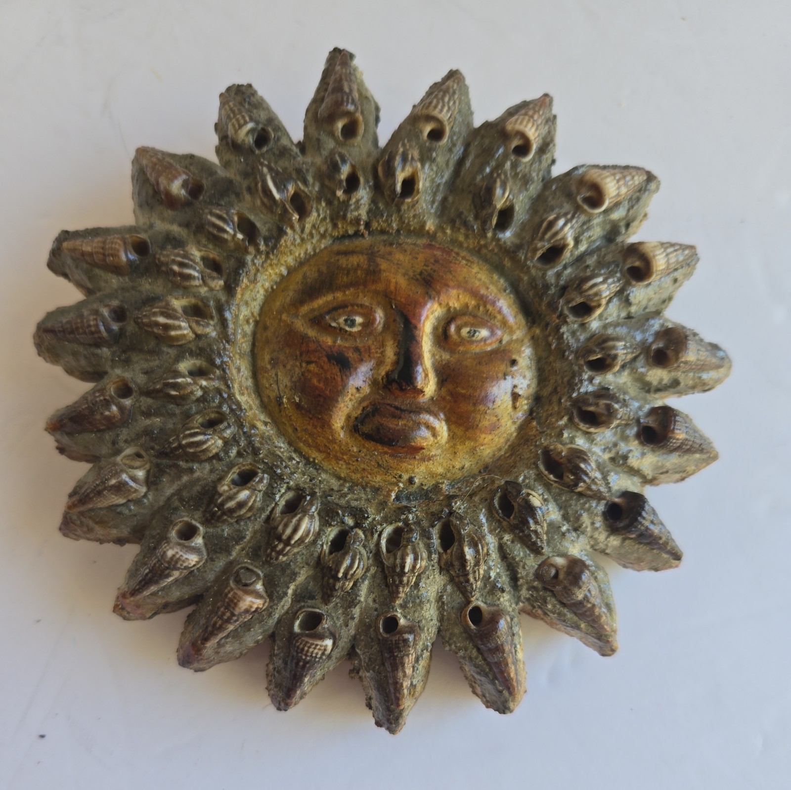 Heavy 5″ x1.5″ thick Ceramic / Clay Sun Face wall Hanging w Sea Shells unusual