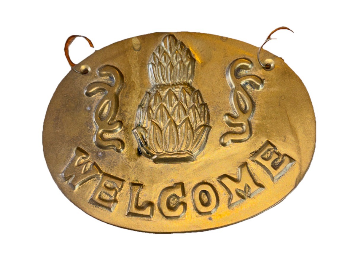 Solid Brass Pineapple Oval Welcome Sign 4.75”x 3.25” – EX – Made In India