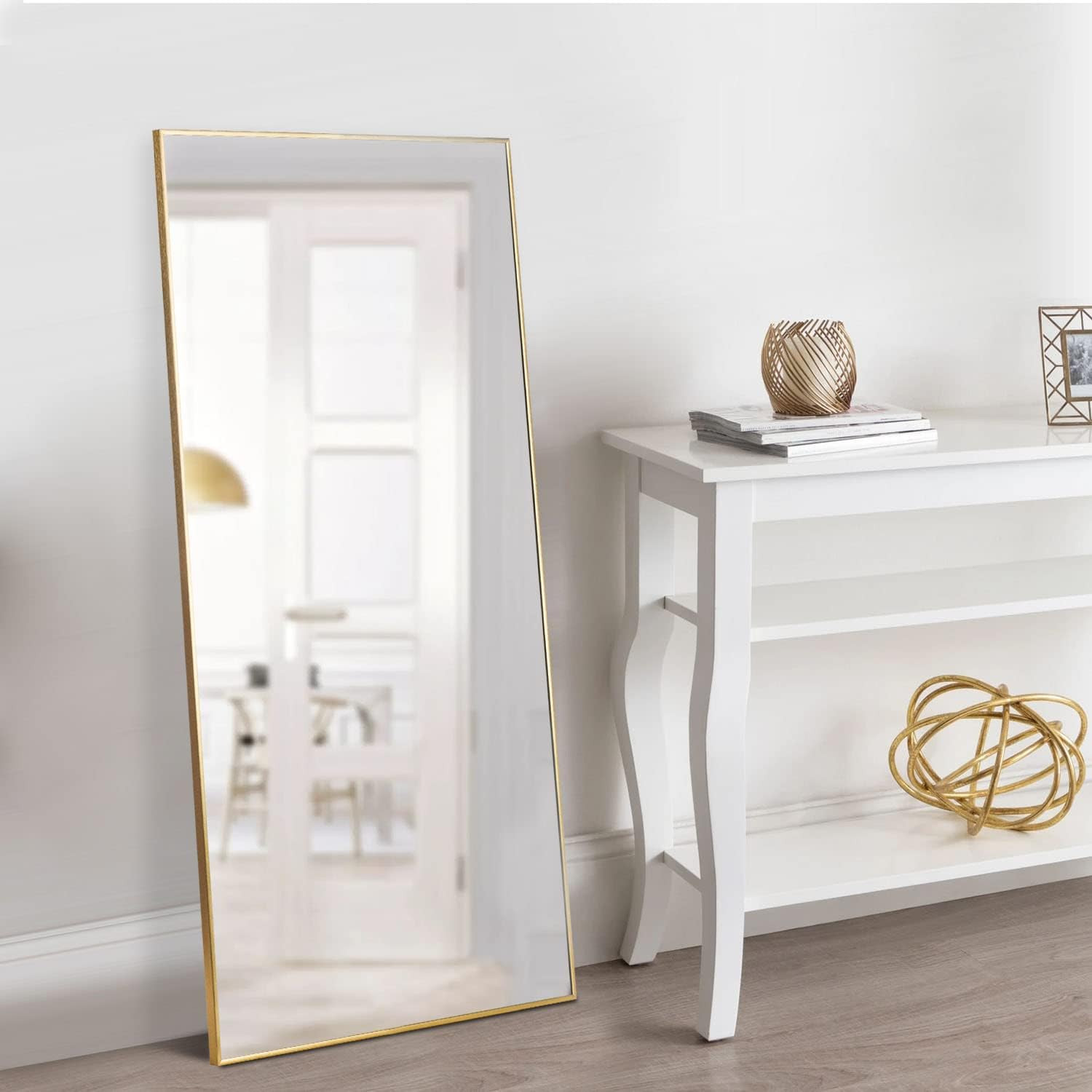 Gold Full Length Mirror – 43″ x 16″ Aluminum Alloy Frame, Standing or Hanging