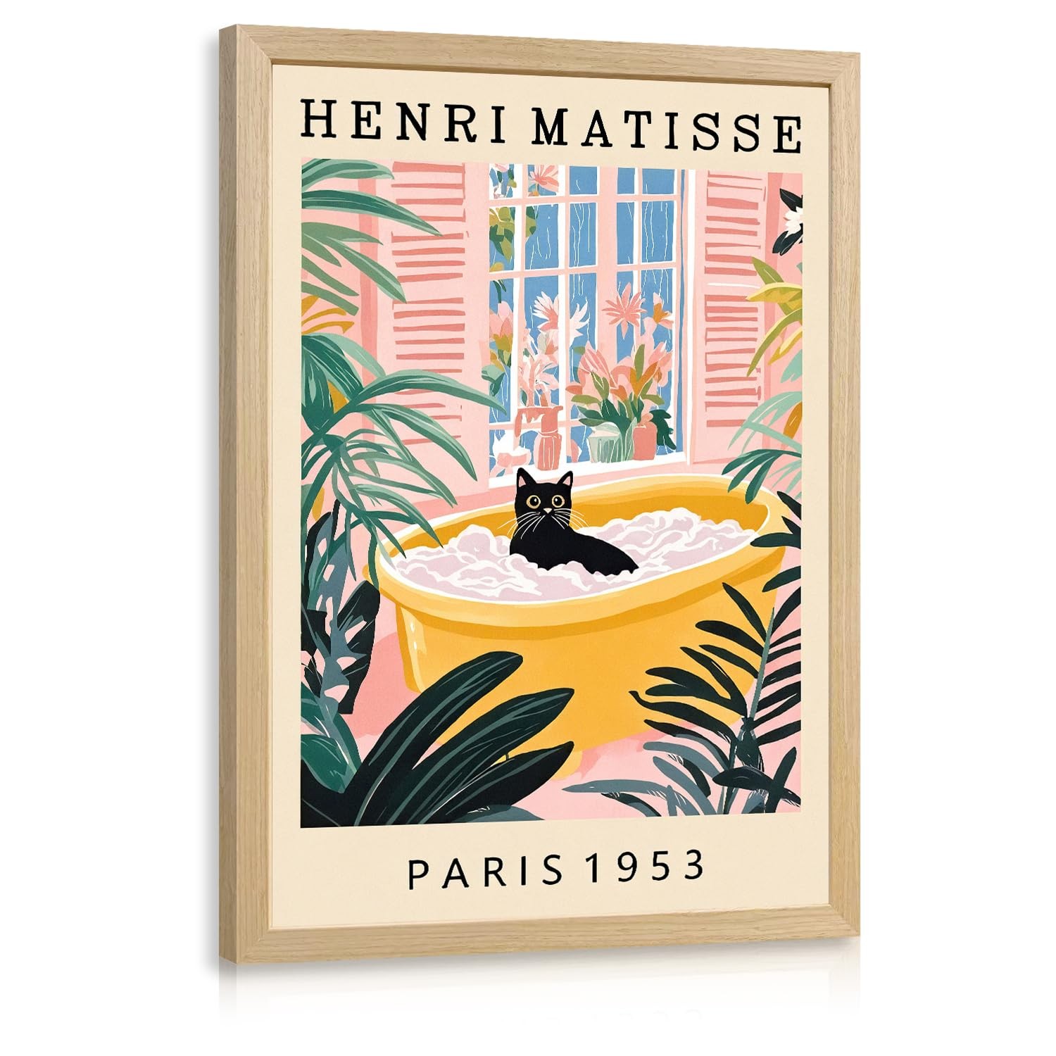 Wood Framed Funny Bathroom Wall Art, Henri Matisse Black Cat Wall Decor, Cute…