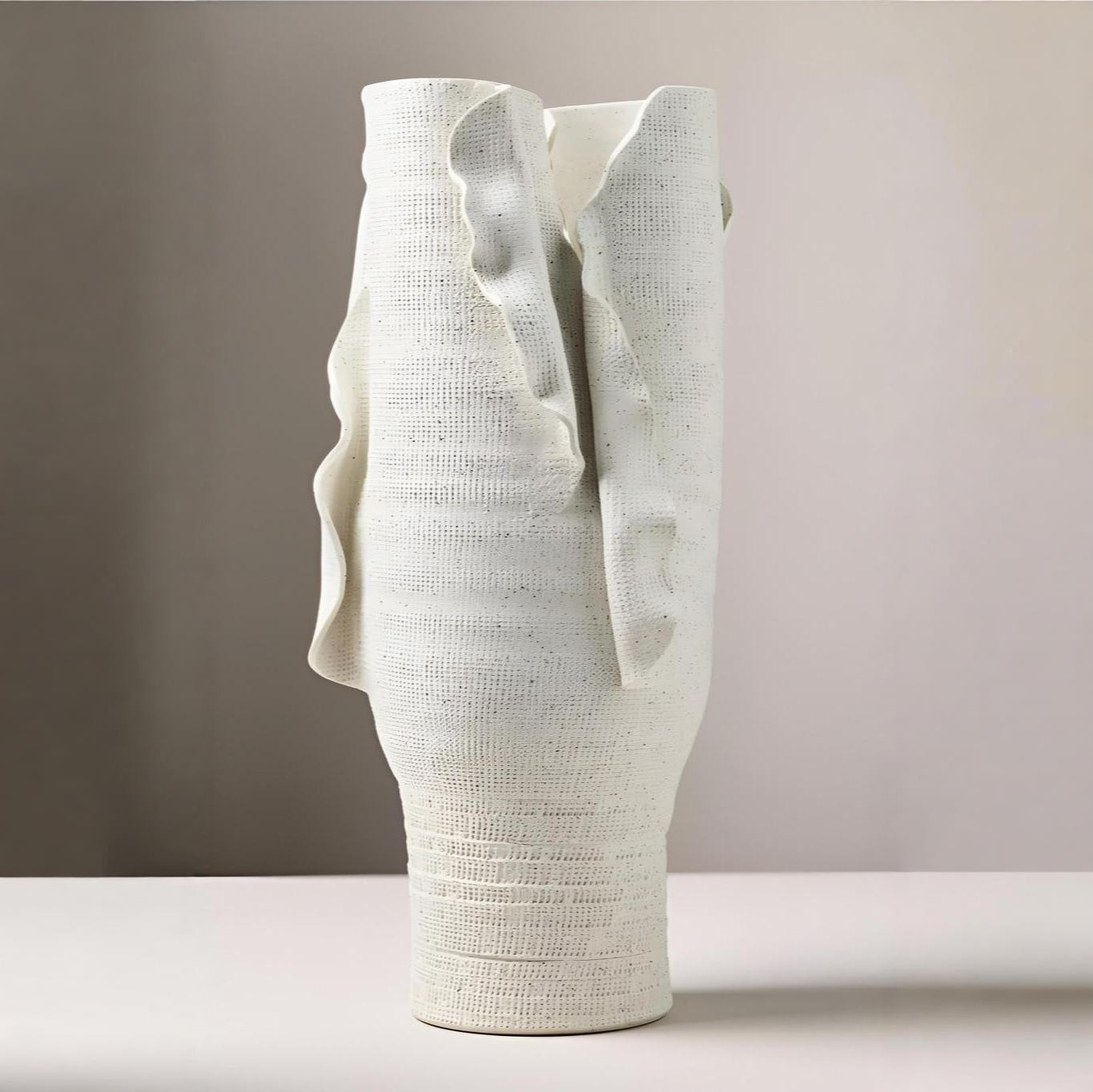 New Artisan Porcelain Reef Vase or Cachepot in Textured Ivory 19″