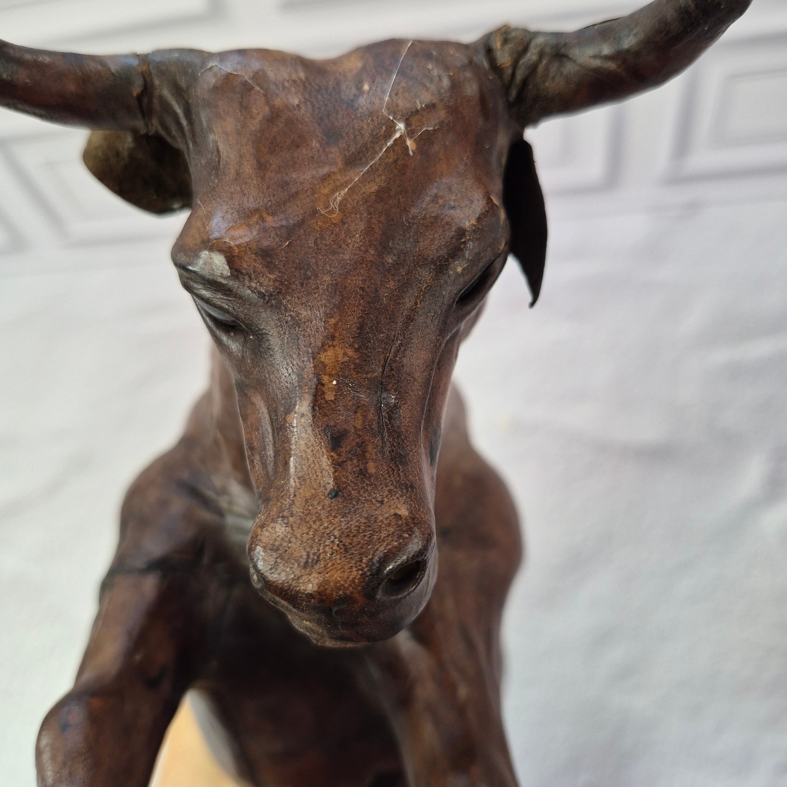 Vintage Handmade Leather Bull Sculpture Western Art Animal Figure 16″ Long