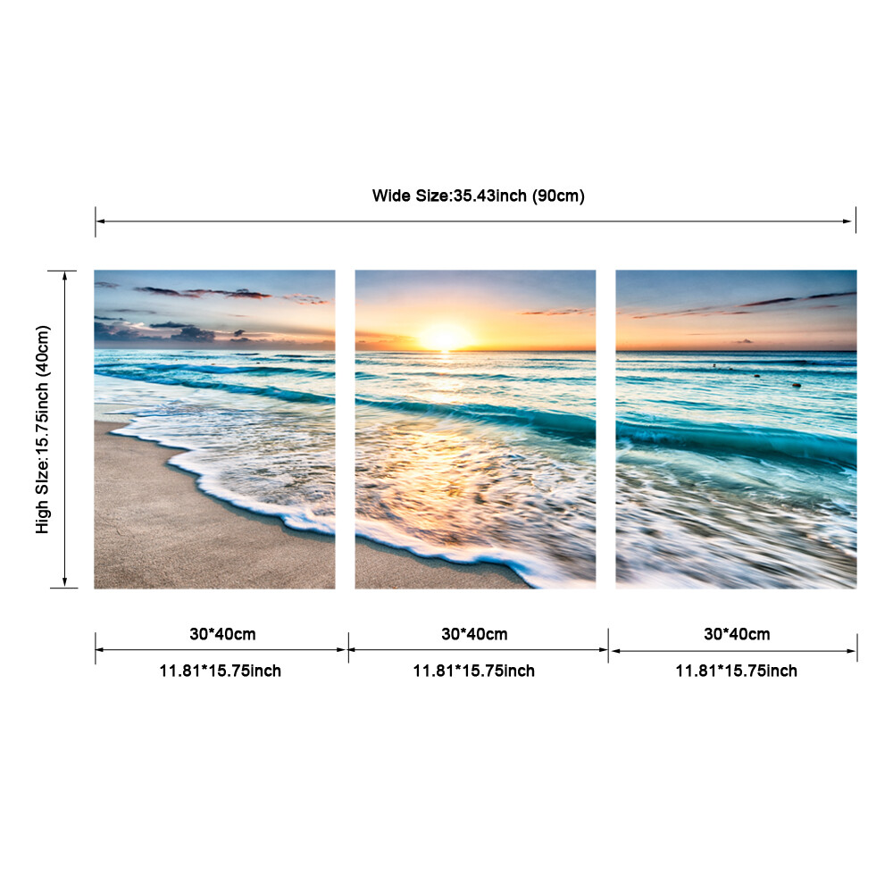 3 Panels Blue Beach Sunrise White Wave Pictures Painting on Canvas Wall Art