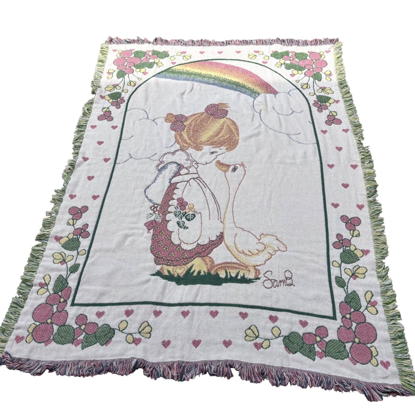 Vintage Precious Moments Blanket Goose Rainbow Girl Goose Heart Floral Fringe