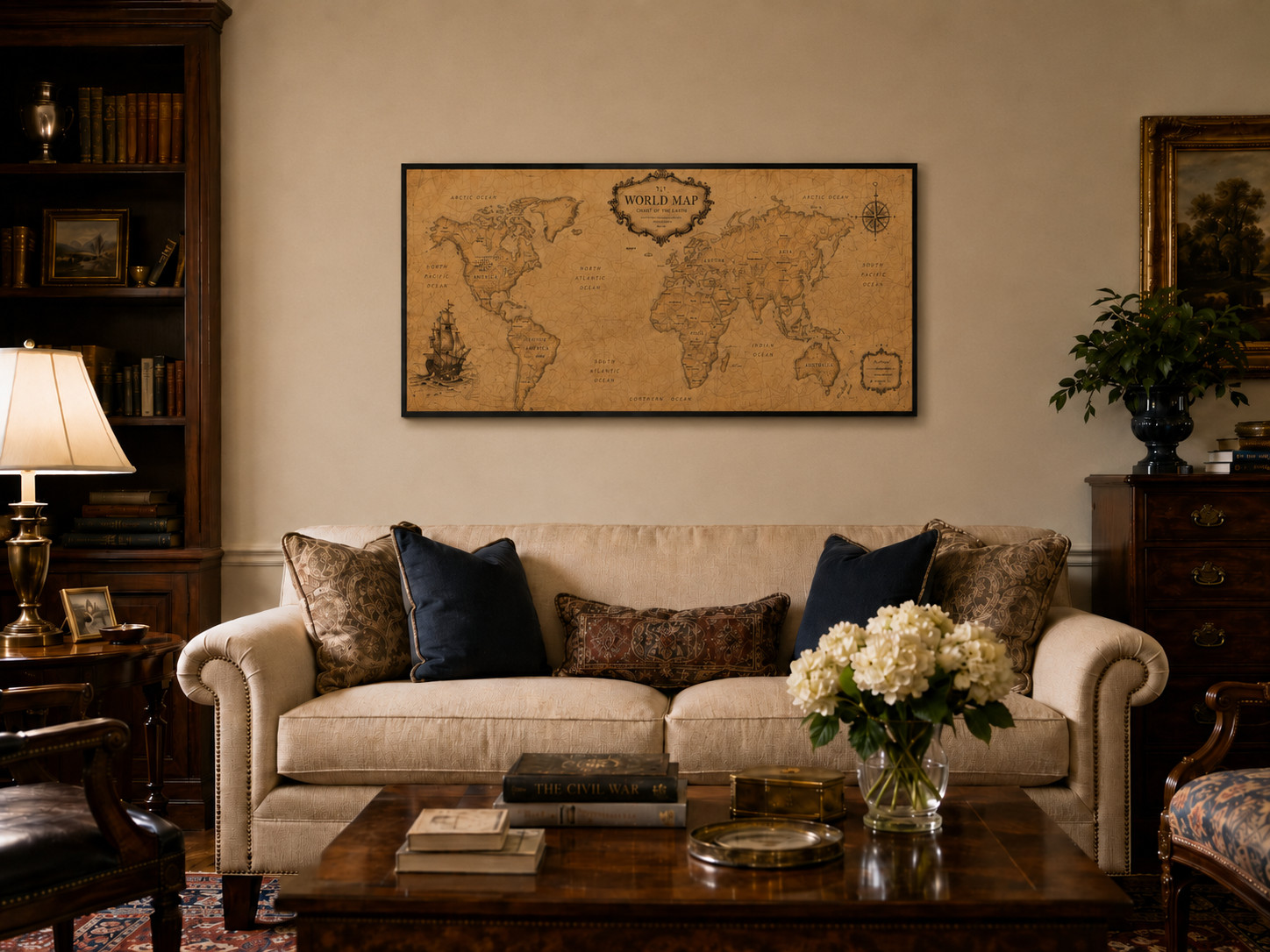 WallVibe Vintage World Map Wall Art, Black Framed Canvas Print, 40 x 20 Inch