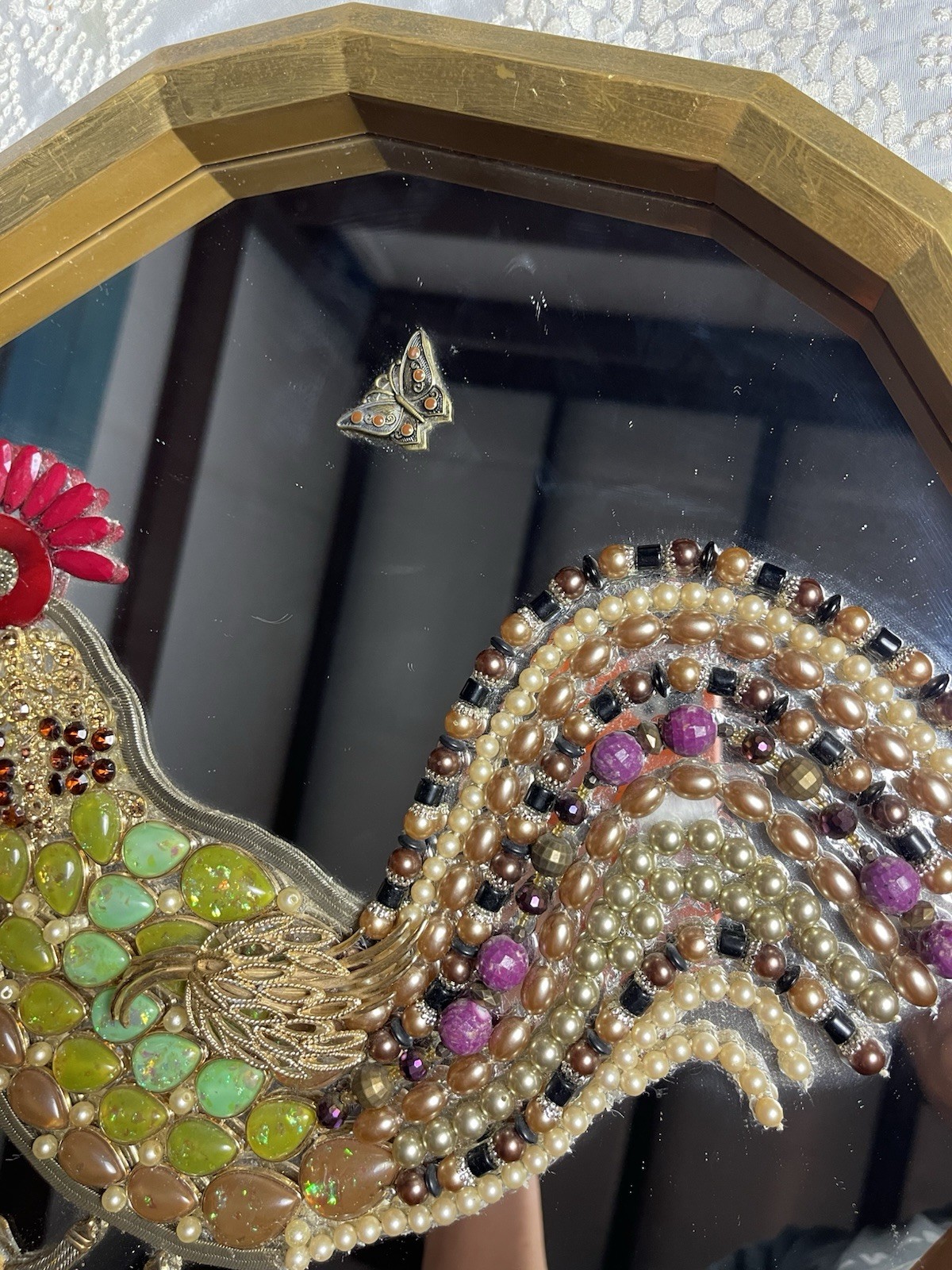 VTG Jeweled Detailed Rooster Mirror ART Hand Made 15”/Bohemian/ Cottage/Farm