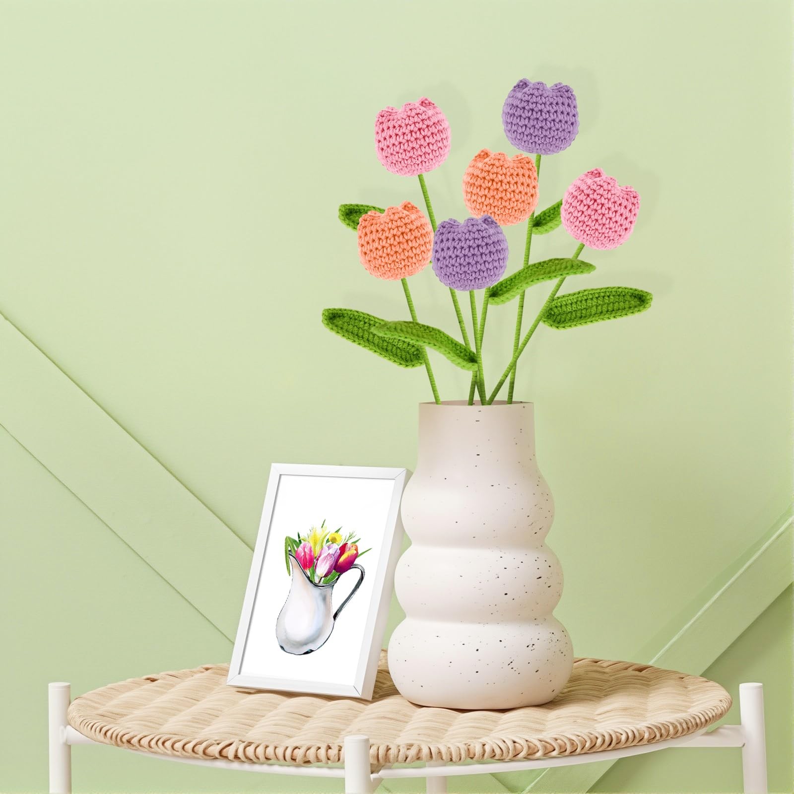 Crochet Tulips Flowers Knitted Bouquet Office Home Car Decoration Fake 6 PCS