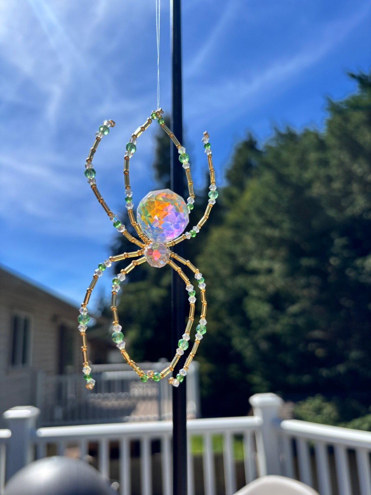 Handmade Beaded Itsy Bitsy Spider Suncatcher Gold and Green