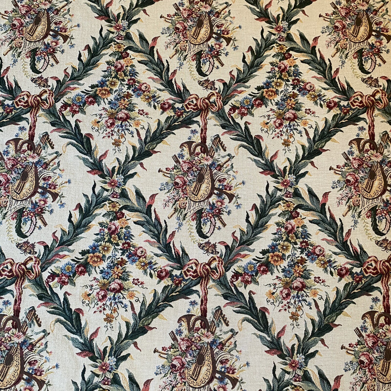 French Tapestry D’Halluin Fringe Border Musical Instruments & Floral Pattern 53”
