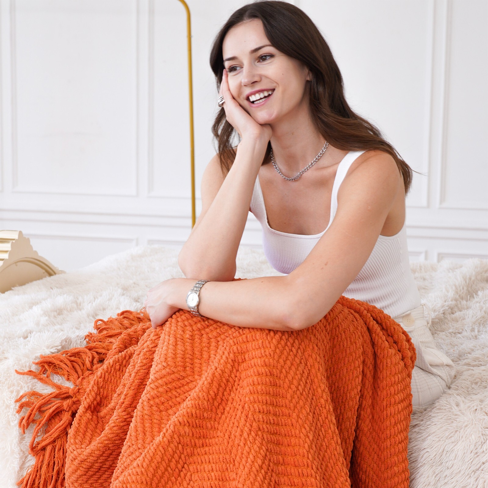 Knitted Throw Blanket with Tassels Tweed Textured Lightweight Throws for Couch