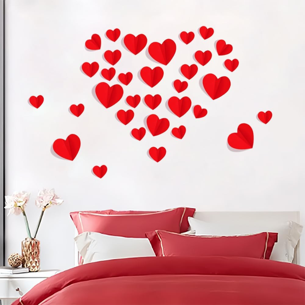 100 PCS 3D Heart Valentines Day Wall Stickers,Waterproof Removable Heart Wall De
