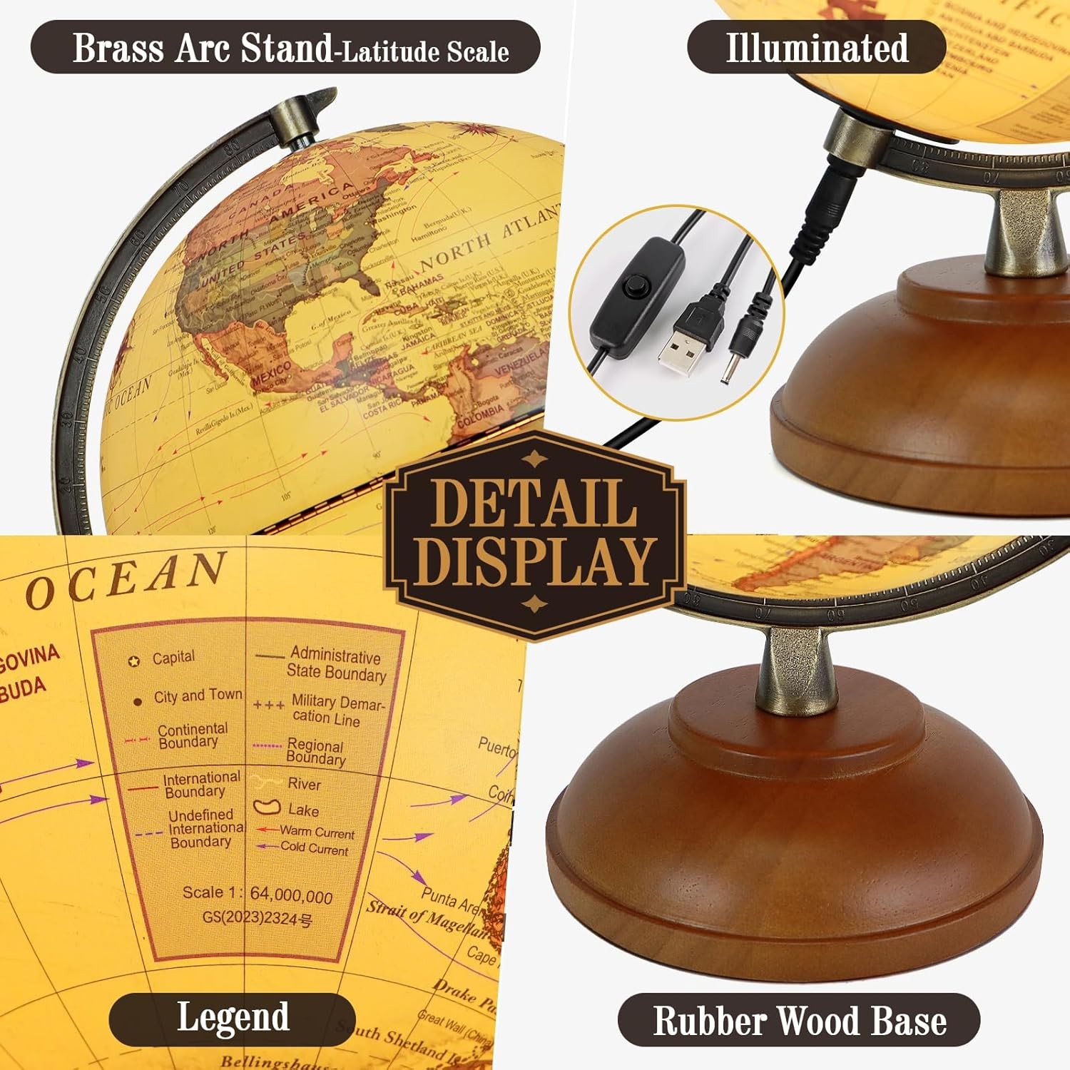 Illuminated World Globe with Wood Stand, 8” Vintage Globes for Adults, Light Up