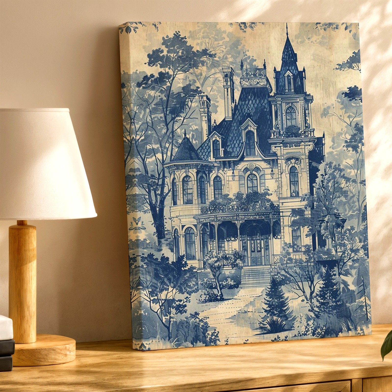 Wall Art Gothic Victorian Mansion Print Blue Toile Style House Landscape Decor