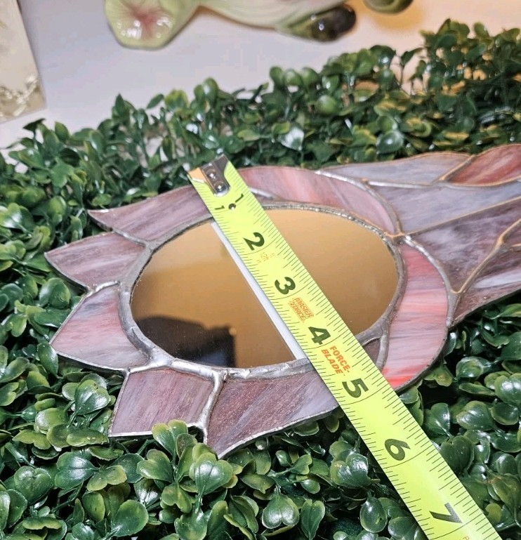 VTG Handmade Stained Glass mirror with a floral design. Pink