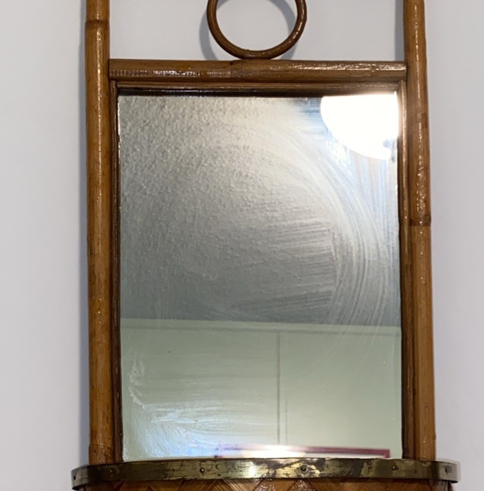 Vintage Rattan, Bamboo, Wicker Wall Mirror W Shelf Boho Tropical