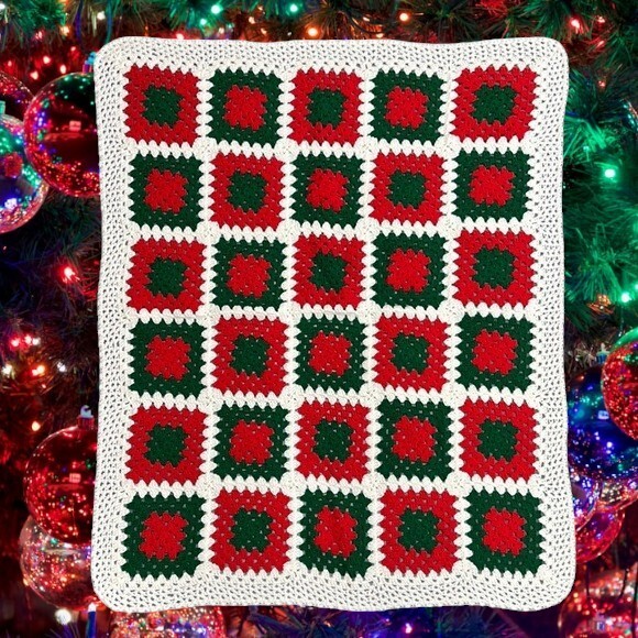 Vintage Hand Crocheted Knitted Christmas Red White Green Granny Squares Afghan
