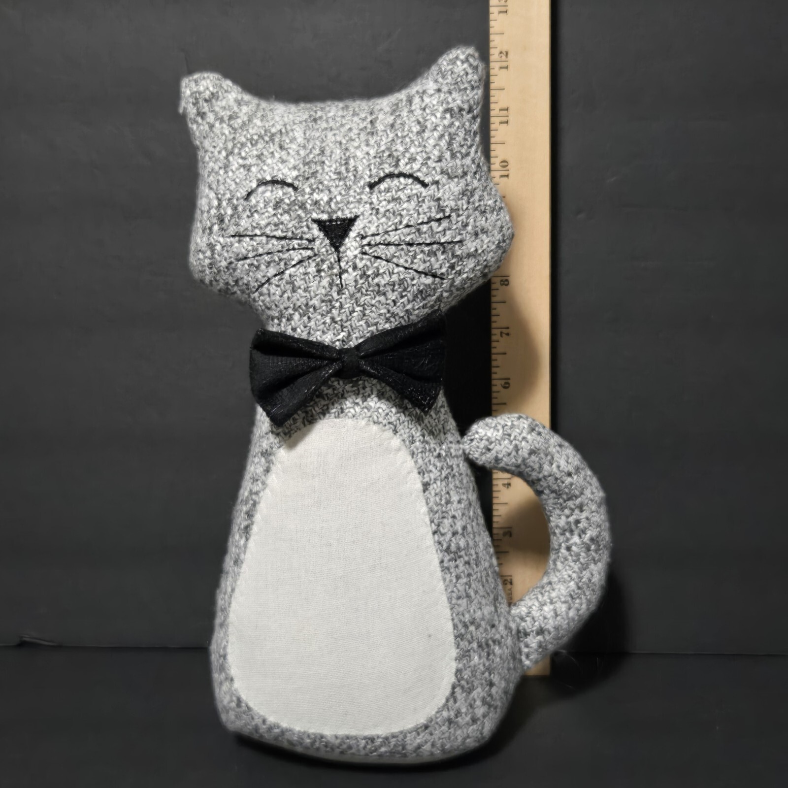 Door Stop Weighted Happy Cat With Bowtie Plush Fabric Gray Freestanding Heavy
