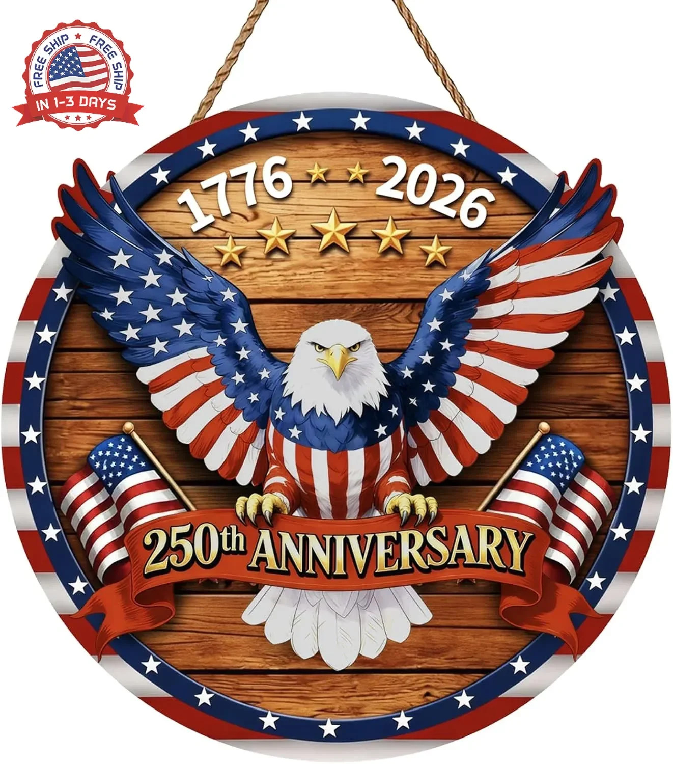 USA 250th Anniversary Decoration, Wooden 4th of July Eagle Door Sign 1776-2026 F