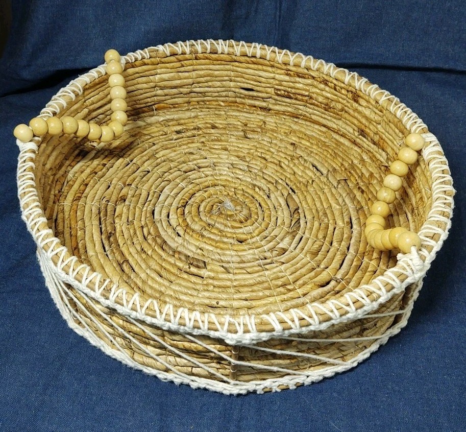 🧺Round Basket 16” X 4” BOHO Woven Tray Wooden 18mm Ball Handles Cotton Details