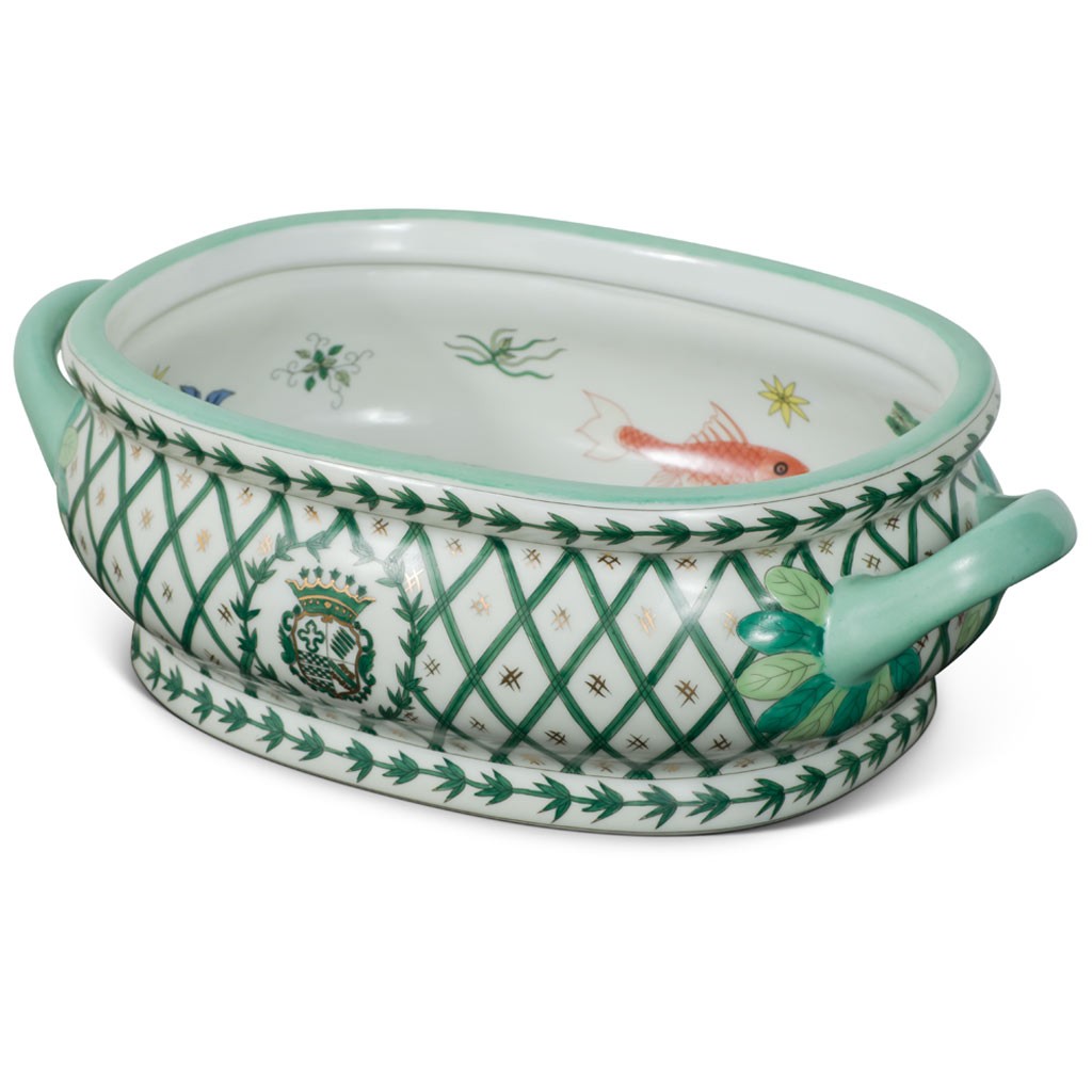 US Seller – Green and White European Motif Chinese Porcelain Footbath Planter